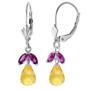 14K. GOLD LEVERBACK EARRING W CITRINES & AMETHYST